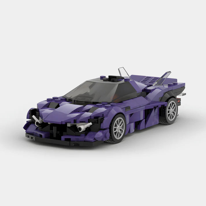 A purple Apollo Evo toy car made of plastic building blocks, resembling a sports car with visible wheels, windows, and distinct body shape.